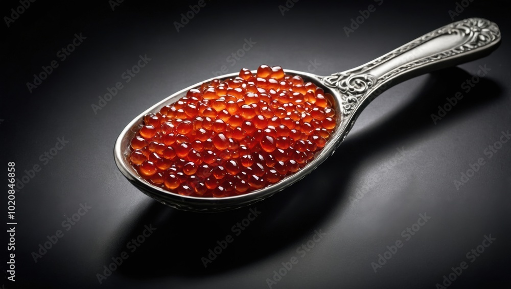 Red caviar in the glass jar on black slate background top view Red caviar in the glass jar on black slate background top view