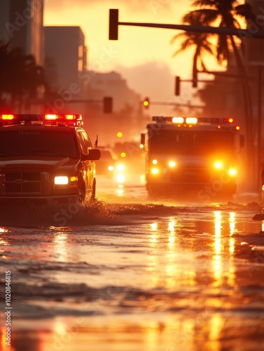 Emergency vehicles navigate flooded streets during sunset in a coastal city photo