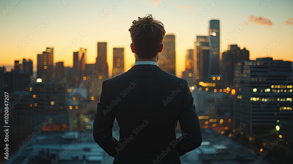 Businessman Silhouette Looking Over City Skyline at Sunset Businessman Silhouette Looking Over City Skyline at Sunset