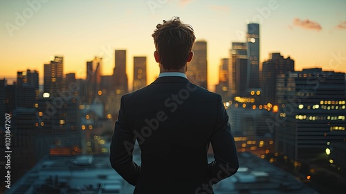 Businessman Silhouette Looking Over City Skyline at Sunset