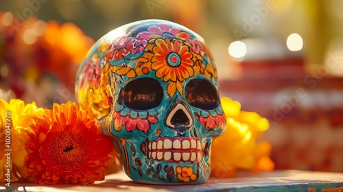 Close-up of a colorful sugar skull (calavera) decorated with vibrant patterns and flowers,