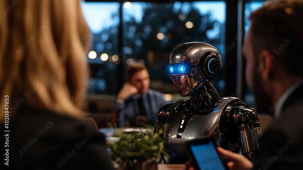 A humanoid robot sits at a table with two businesspeople, looking at them with glowing blue eyes. A humanoid robot sits at a table with two businesspeople, looking at them with glowing blue eyes.