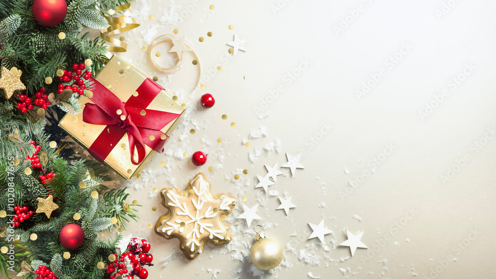 Christmas light background with beautiful golden gift decorated with fir branches, top view.