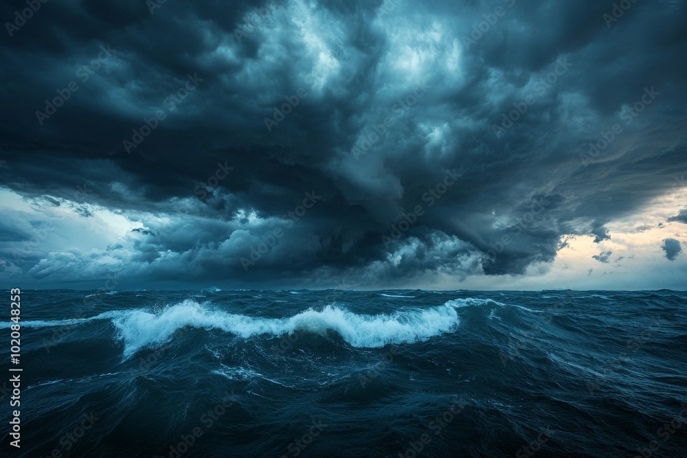 Dramatic storm clouds gather over a turbulent ocean as waves crash under a moody sky at dusk Dramatic storm clouds gather over a turbulent ocean as waves crash under a moody sky at dusk