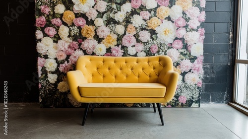 A yellow chair sitting in front of a wall with flowers