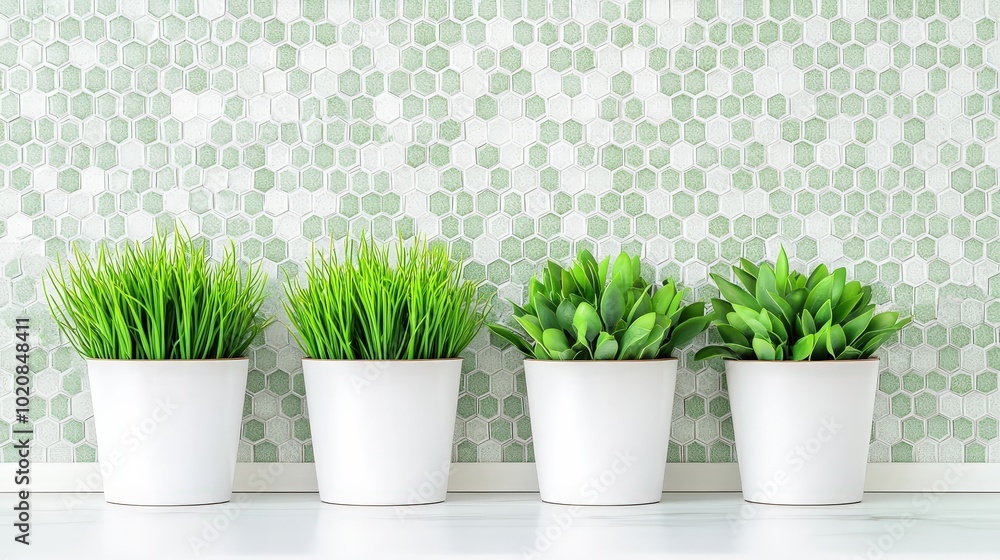 Fototapeta premium Four potted plants are lined up on a white wall