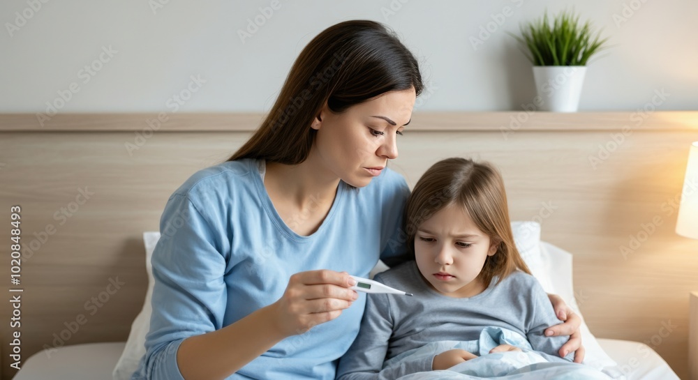 Worried Mother Checking Her Daughter's Temperature with Thermometer in Bed Worried Mother Checking Her Daughter's Temperature with Thermometer in Bed