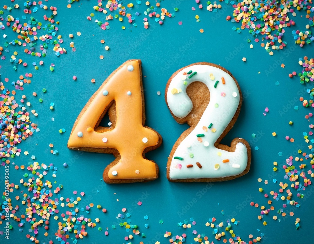 Decorated cookie, number 42, image for birthday or anniversary celebration Decorated cookie, number 42, image for birthday or anniversary celebration
