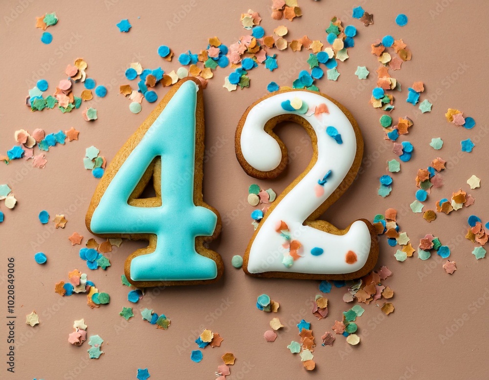 Decorated cookie, number 42, image for birthday or anniversary celebration Decorated cookie, number 42, image for birthday or anniversary celebration