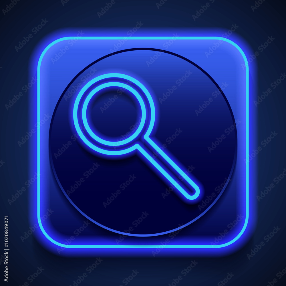 Magnifier, zoom simple icon vector. Flat design. Blue neon style on button. With shadow Magnifier, zoom simple icon vector. Flat design. Blue neon style on button. With shadow