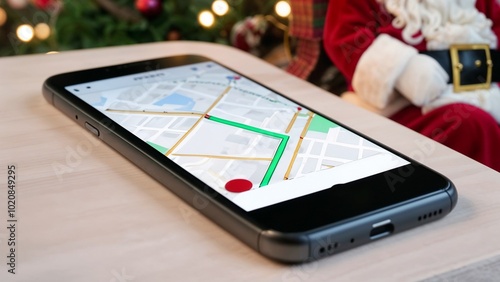 Smartphone displaying navigation app with Santa's hand in whimsical festive setting