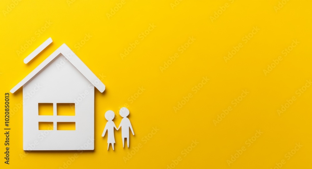 On a yellow background with clouds, a silhouette of a family and house illustrating the warmth of a family and a house On a yellow background with clouds, a silhouette of a family and house illustrating the warmth of a family and a house