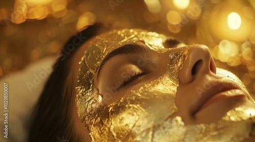 Facial treatment with gold mask, luxury spa experience, glowing skin, relaxation, wellness concept A woman lies with a gold foil mask on her face, surrounded by a shimmering golden background photo