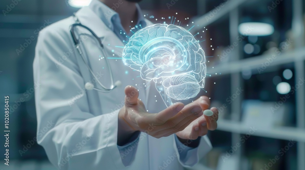 Doctor holding virtual human brain with ai artificial brain technology, idea creative intelligence thinking or Awareness or mental health care in futuristic. Doctor holding virtual human brain with ai artificial brain technology, idea creative intelligence thinking or Awareness or mental health care in futuristic.