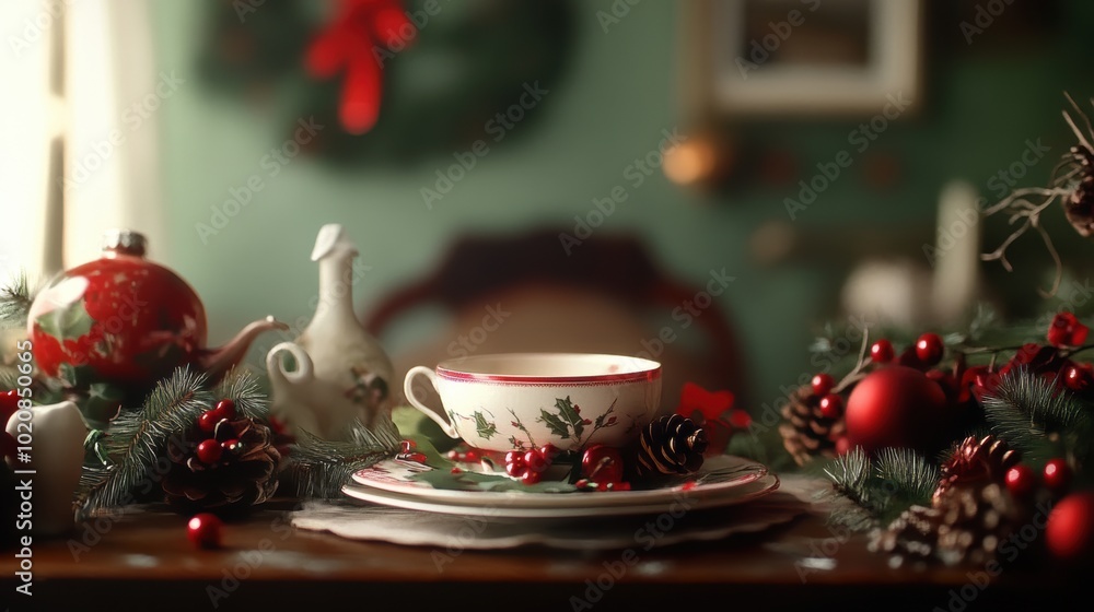 A christmas table setting with a tea cup and saucer A christmas table setting with a tea cup and saucer