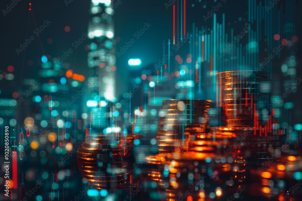 Double exposure of coins stack with graph chart and night cityscape. Economic, business, financial and stock market growth concept. Double exposure of coins stack with graph chart and night cityscape. Economic, business, financial and stock market growth concept.