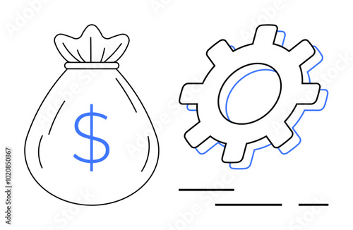 An image of a money bag with a dollar symbol next to a gear. Ideal for finance, investment, economics, business, and productivity. Simple line art style accentuated with blue highlights for emphasis