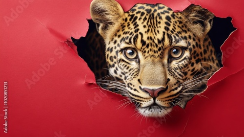 An image of a leopard's head emerging from a red backdrop illustrating breakthrough and determination photo