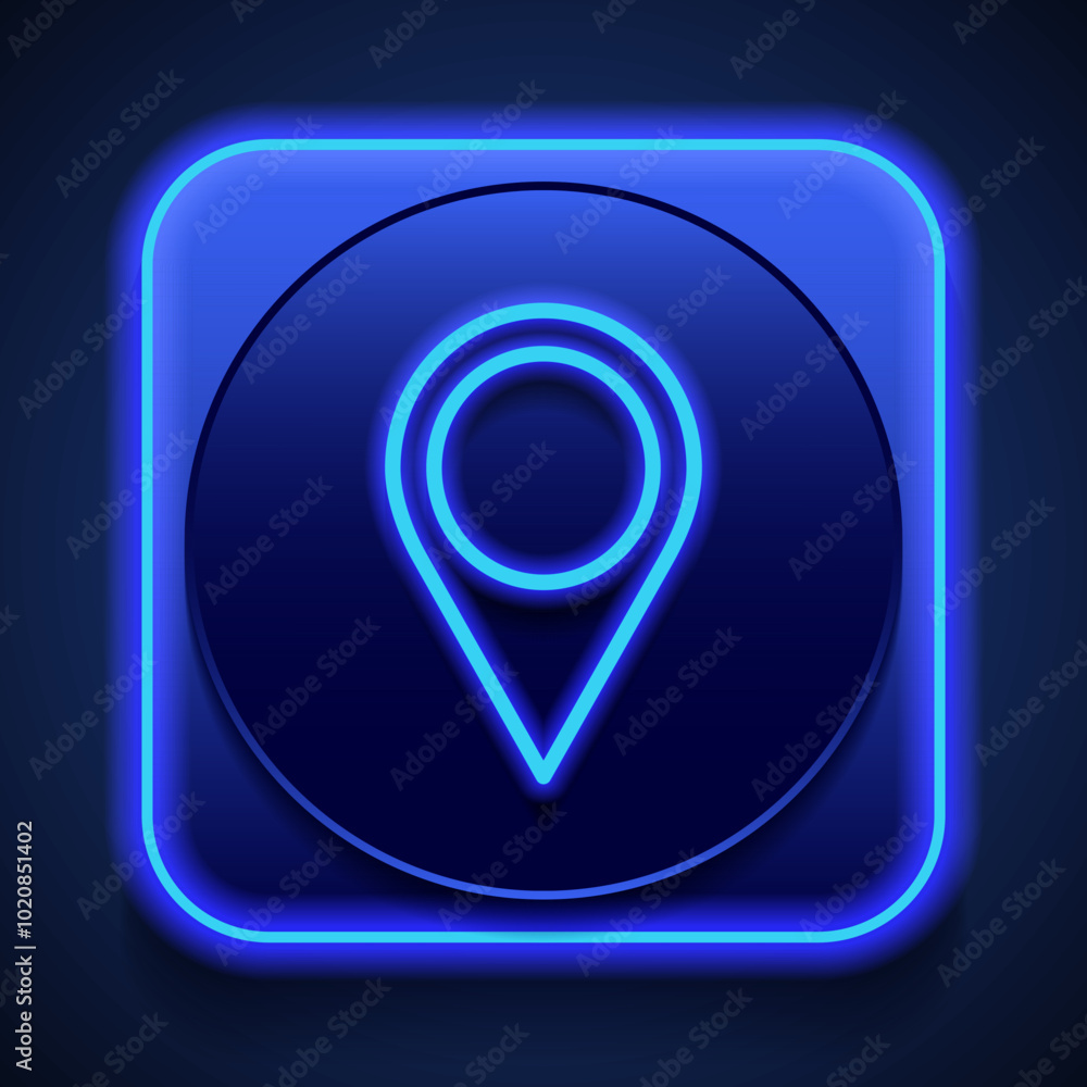 Location pointer simple icon vector. Flat design. Blue neon style on button. With shadow Location pointer simple icon vector. Flat design. Blue neon style on button. With shadow