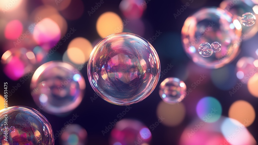 Colorful soap bubbles floating against a vibrant backdrop during an evening gathering Colorful soap bubbles floating against a vibrant backdrop during an evening gathering