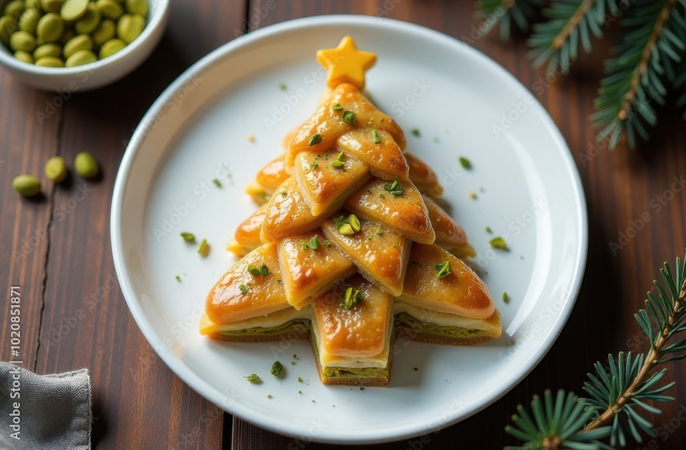 New Year card, Christmas tree lined with baklava with pistachio on a white plate, preparation for Christmas, holiday table, confectionery business New Year card, Christmas tree lined with baklava with pistachio on a white plate, preparation for Christmas, holiday table, confectionery business