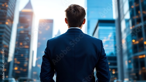 A man in a suit stands with his back to the camera, looking at a cityscape with tall modern buildings