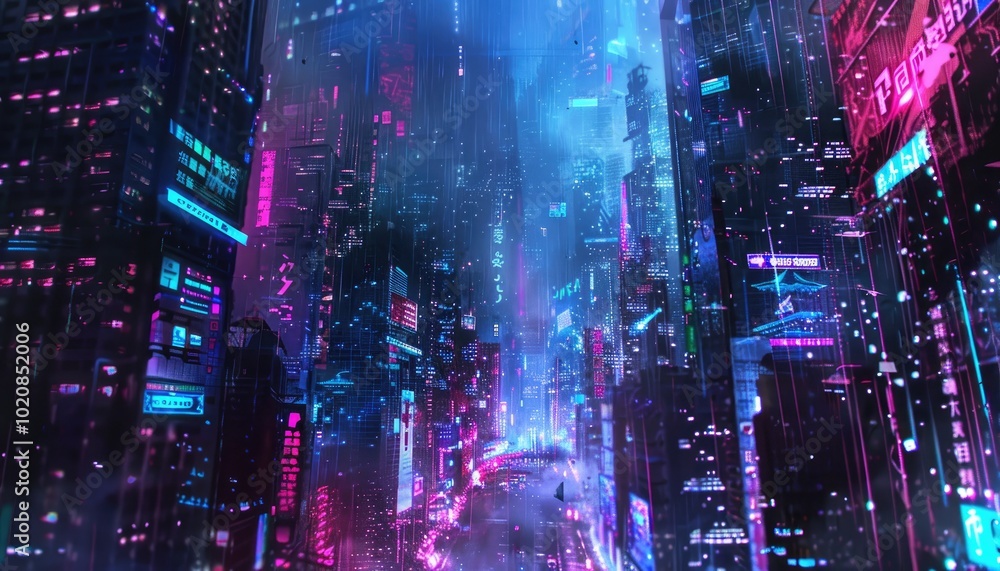 Obraz premium Futuristic Cityscape with Neon Lights and Rain