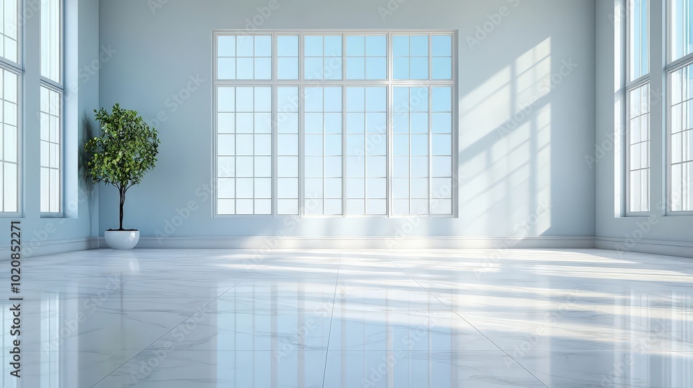 Fototapeta premium A large, empty room with a large window and a potted plant