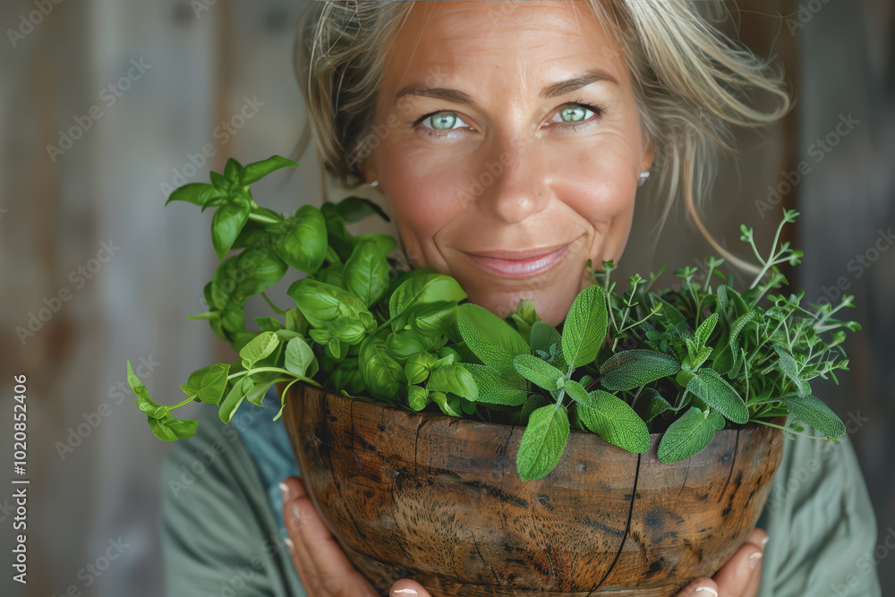 A healthy woman with sparkling eyes holds a wooden bowl with green herbs in her hand. A healthy woman with sparkling eyes holds a wooden bowl with green herbs in her hand.