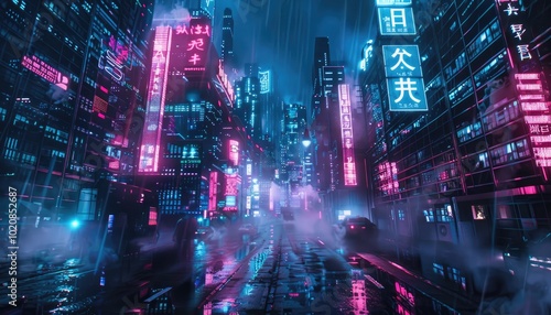 Neon-lit cityscape at night with rain and reflections in the wet street