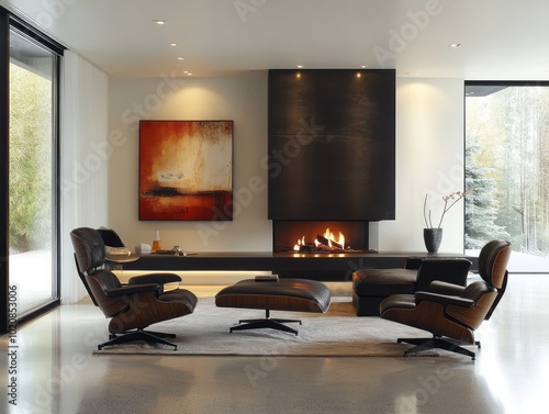 A modern lounge basement with a floating fireplace, sleek black furniture, and wall-mounted artwork for an upscale and stylish look