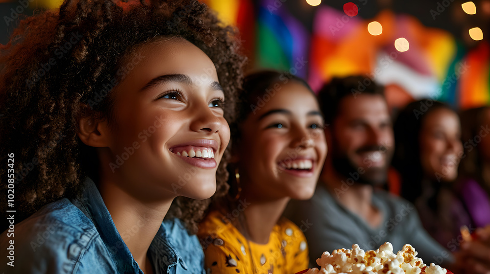 LGBTQ family movie night teen and parents cozy home LGBTQ family movie night teen and parents cozy home