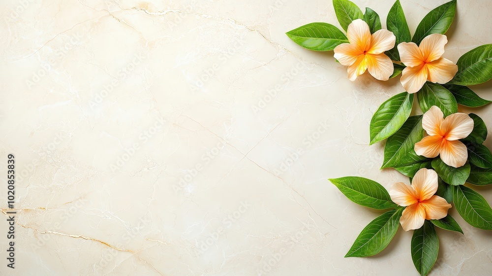 A white background with a few orange flowers and green leaves A white background with a few orange flowers and green leaves