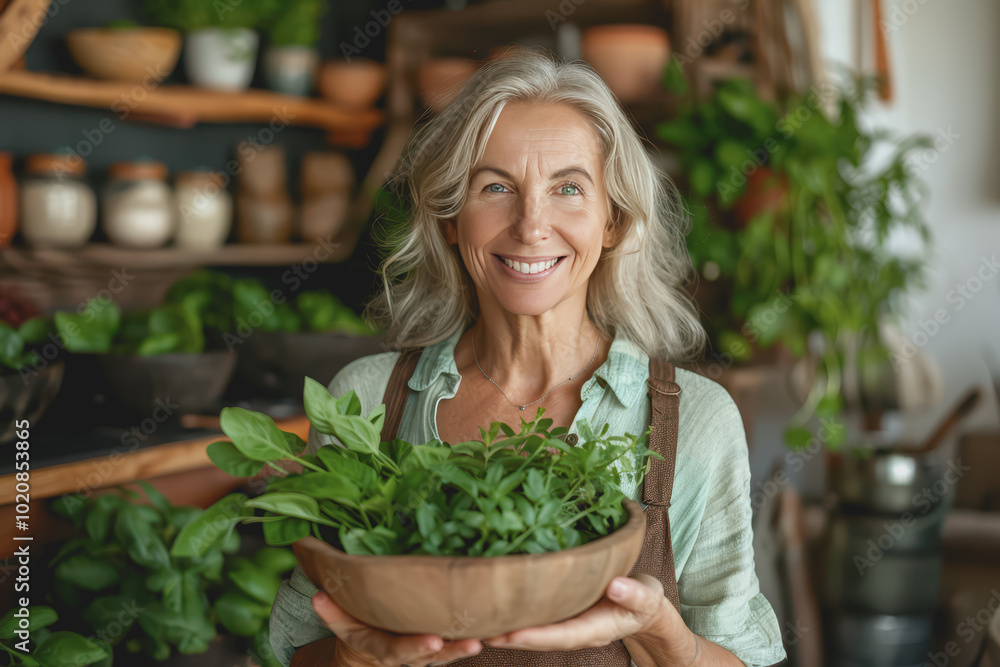 A healthy woman with sparkling eyes holds a wooden bowl with green herbs in her hand. A healthy woman with sparkling eyes holds a wooden bowl with green herbs in her hand.