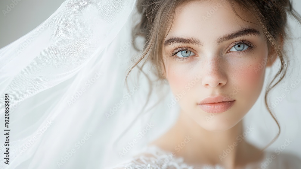Close-up Portrait of Bride with Blue Eyes and Lace Veil in Soft Lighting Close-up Portrait of Bride with Blue Eyes and Lace Veil in Soft Lighting