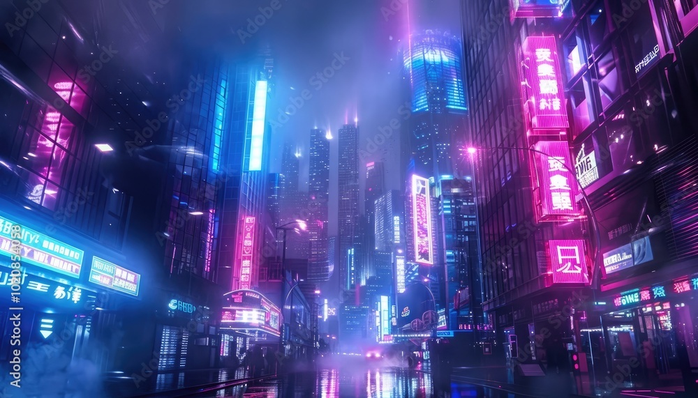 Fototapeta premium Neon-lit city street at night with vibrant signage and reflections in puddles