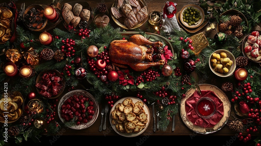 Fototapeta premium Christmas feast table decorated with festive ornaments and candles
