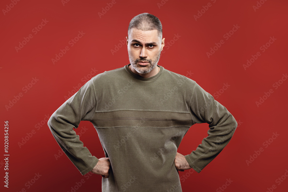 serious man with both hands on his waist serious man with both hands on his waist