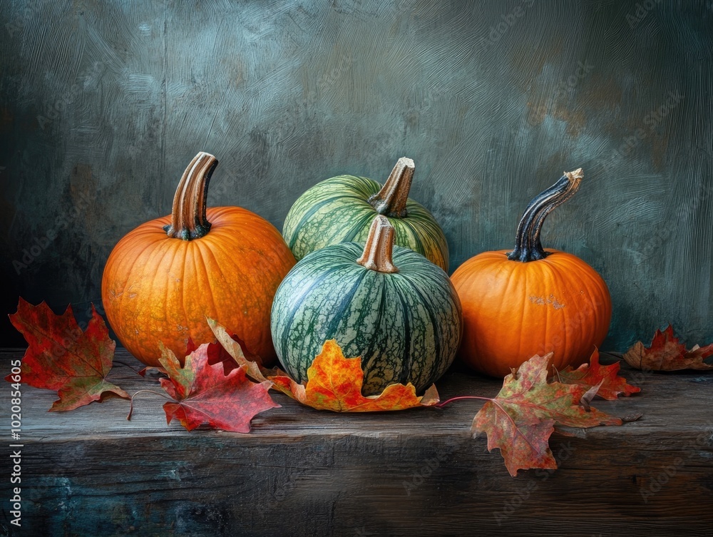 Autumn still life with pumpkins and leaves on wooden surface Autumn still life with pumpkins and leaves on wooden surface