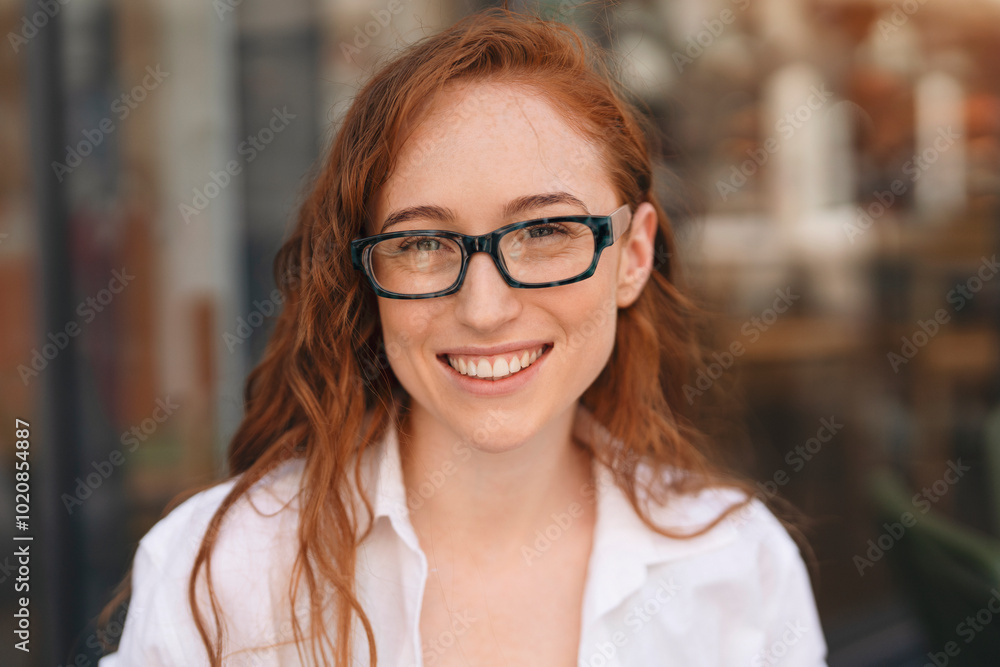 A cheerful young woman with red hair and glasses smiles warmly outside a cozy café on a sunny afternoon A cheerful young woman with red hair and glasses smiles warmly outside a cozy café on a sunny afternoon