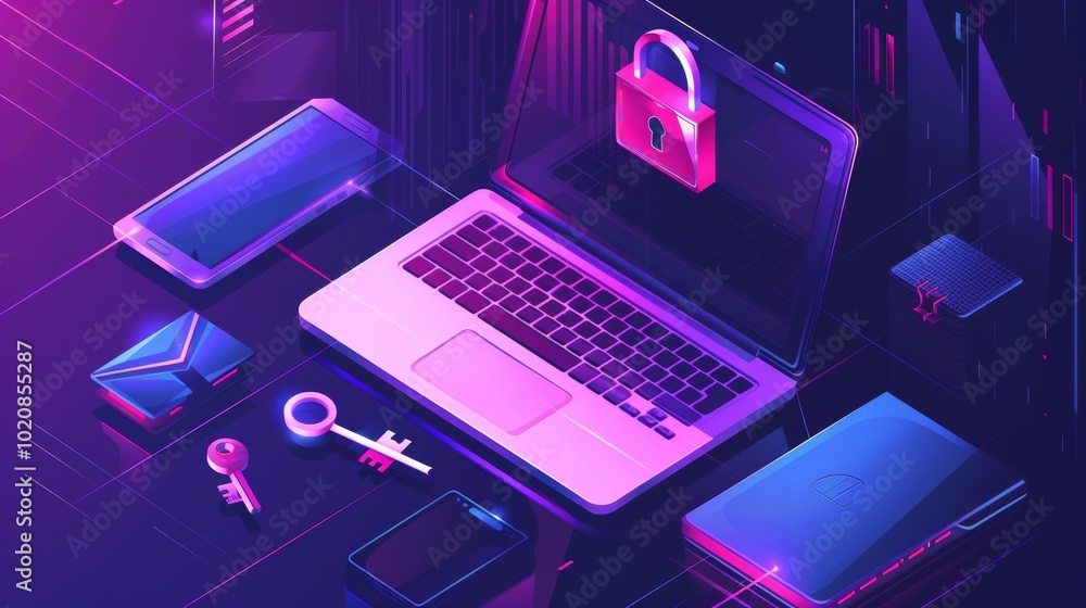 Dual authentication concept. Modern methods of protecting personal data, authorization and verification of users identity. Password, padlock and key near laptop. Isometric vector illustration Dual authentication concept. Modern methods of protecting personal data, authorization and verification of users identity. Password, padlock and key near laptop. Isometric vector illustration