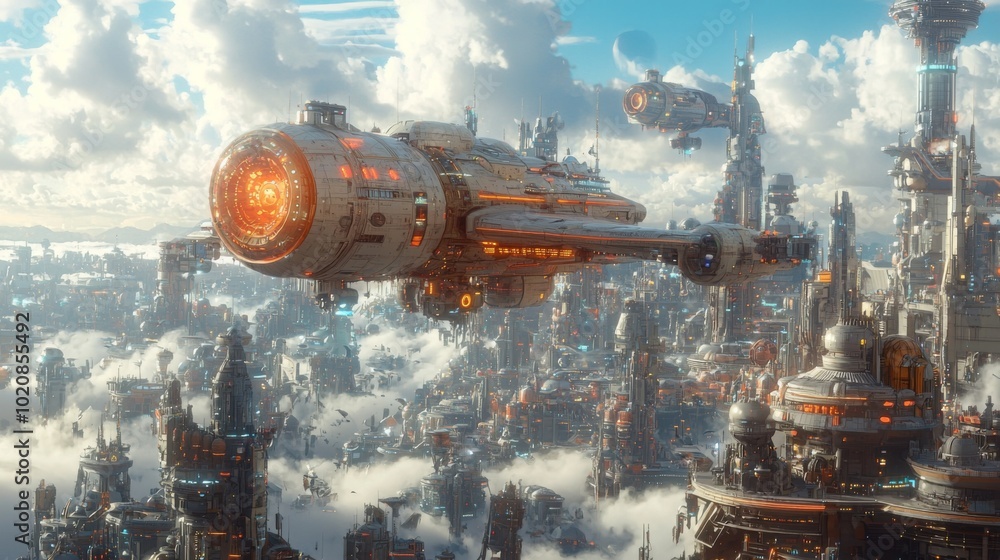 A futuristic city on a distant planet, with flying vehicles and alien lifeforms A futuristic city on a distant planet, with flying vehicles and alien lifeforms