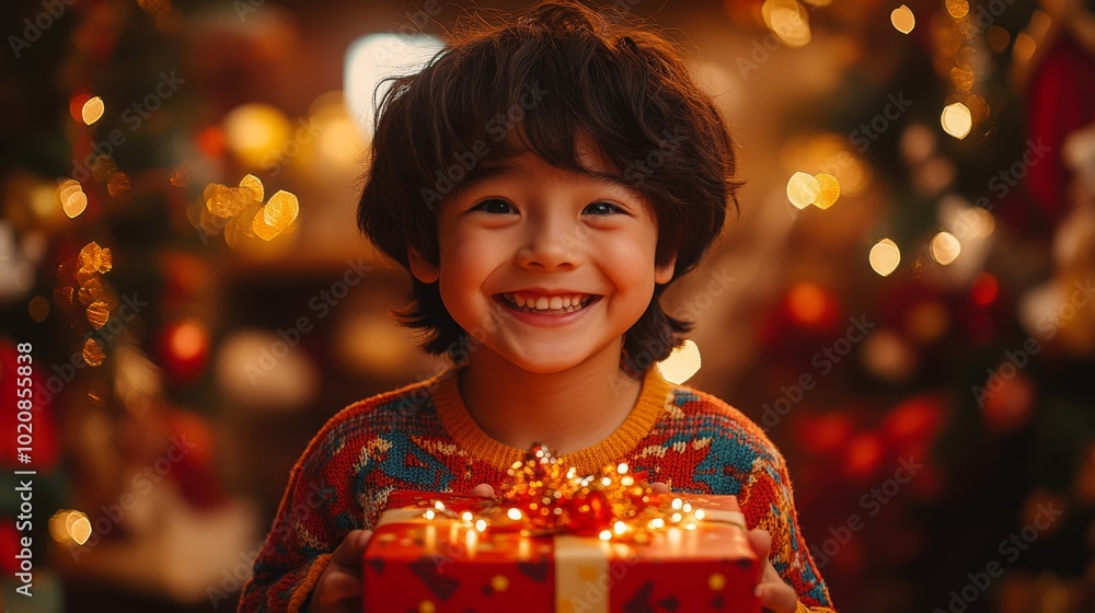 A joyful Pacific Islander boy with a gift during a festive celebration in a vibrant setting A joyful Pacific Islander boy with a gift during a festive celebration in a vibrant setting