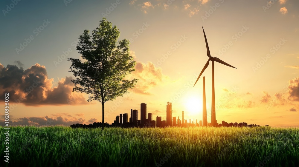 Wind Turbine Silhouette Against Cityscape Sunset Wind Turbine Silhouette Against Cityscape Sunset