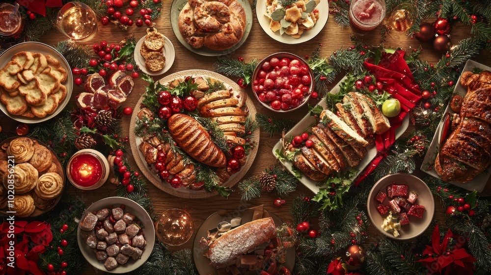 Fototapeta premium Festive Christmas feast with a variety of holiday dishes and decorations