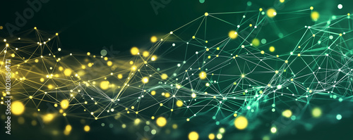 Abstract digital background with, a dark green background with glowing dots connected.  AI generation.