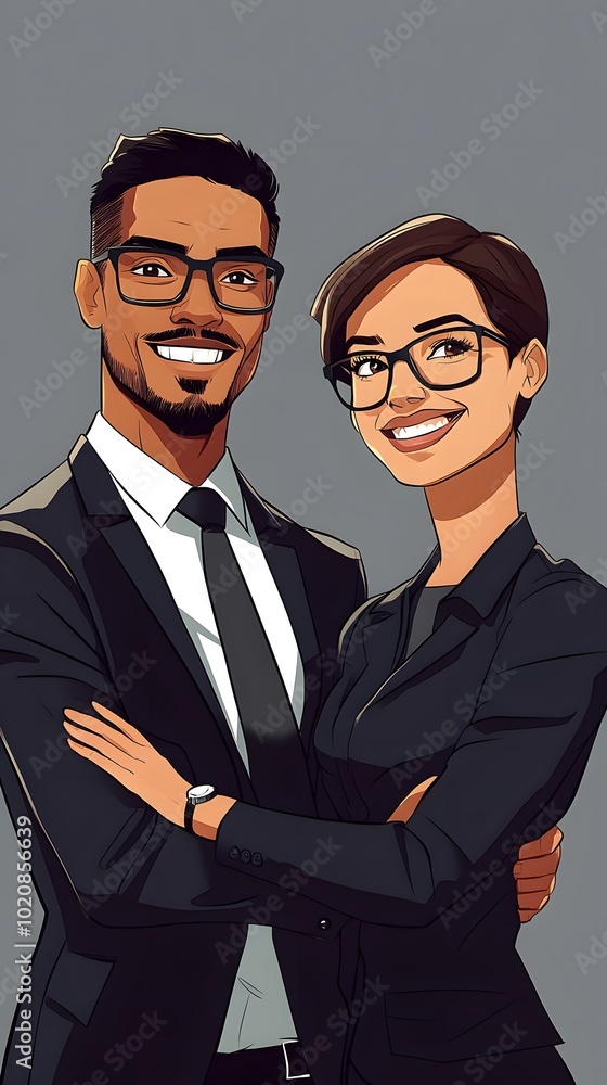 Cartoon-style depiction of two office workers standing next to each other with arms crossed and smiling Cartoon-style depiction of two office workers standing next to each other with arms crossed and smiling