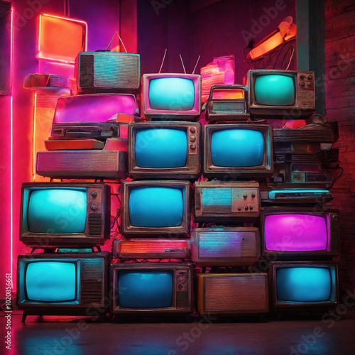 Vintage Televisions Piled Up Against Colorful Neon Glow – Retro Tech Vibe.