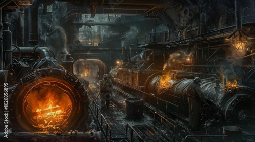 Industrial scene with steam engine, fiery embers, and workers perfect for illustrating labor, manufacturing, or historical themes.