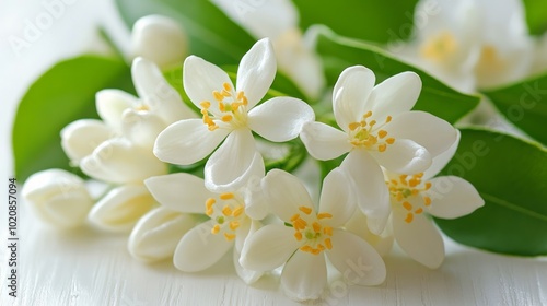 Close-up of delicate white flowers with yellow centers and green leaves on a white background. (1)